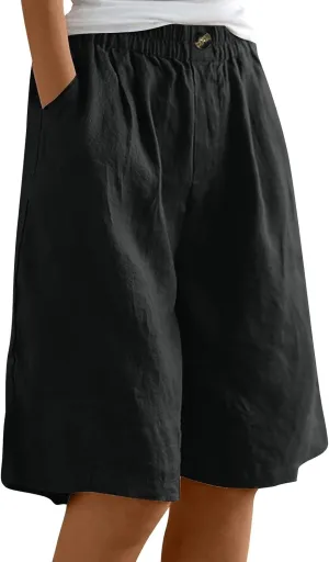 Women's Casual Cotton Linen Bermuda Shorts Elastic Waist Knee Length Shorts Summer Beach Shorts with Pockets