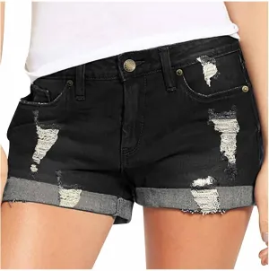 Womens Casual Denim Shorts with Pockets Summer Hot Pants Slim High Waisted Straight Leg Ripped Roll Hem Jean Shorts