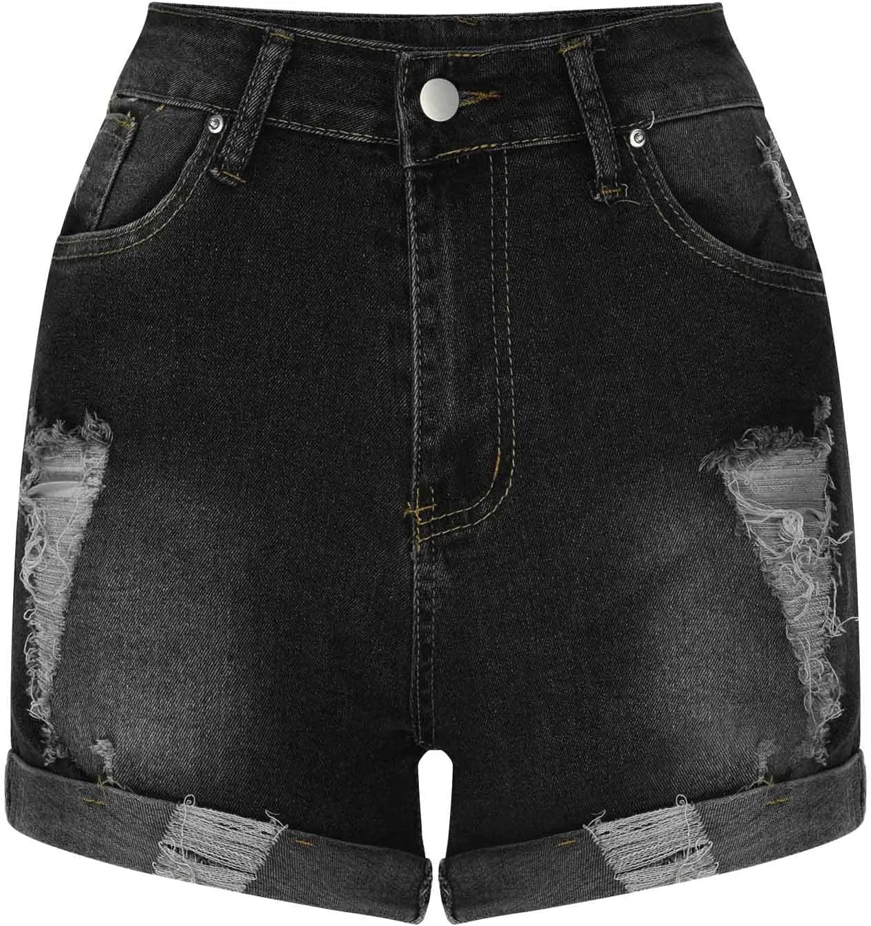 Womens Casual Denim Shorts with Pockets Summer Hot Pants Slim High Waisted Straight Leg Ripped Roll Hem Jean Shorts