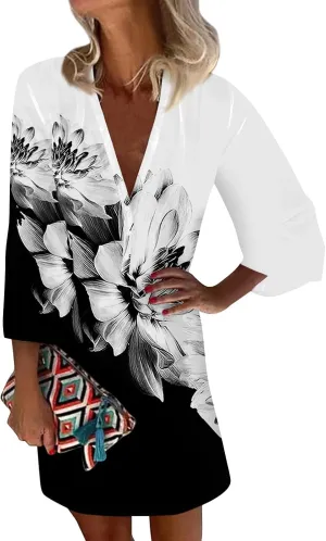 Women's Casual Dresses 3/4 Sleeve V Neck Floral Mini Dress Elegant Shift Short Dresses Tunic Dress