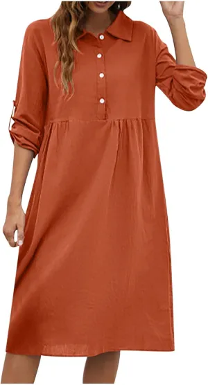 Women's Casual Lapel V Neck Boho Dress Long Sleeve High Waist Solid Color Smocked Flowy Ruffle Midi Dresses