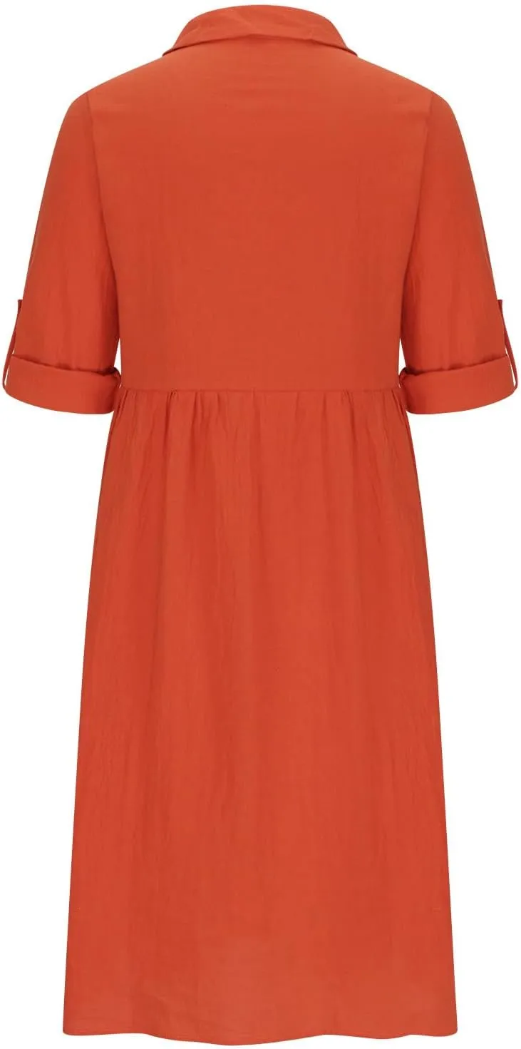 Women's Casual Lapel V Neck Boho Dress Long Sleeve High Waist Solid Color Smocked Flowy Ruffle Midi Dresses