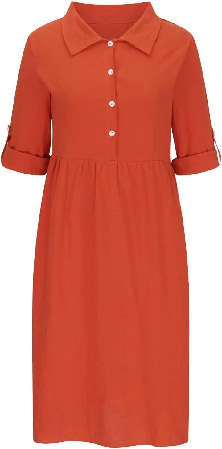 Women's Casual Lapel V Neck Boho Dress Long Sleeve High Waist Solid Color Smocked Flowy Ruffle Midi Dresses