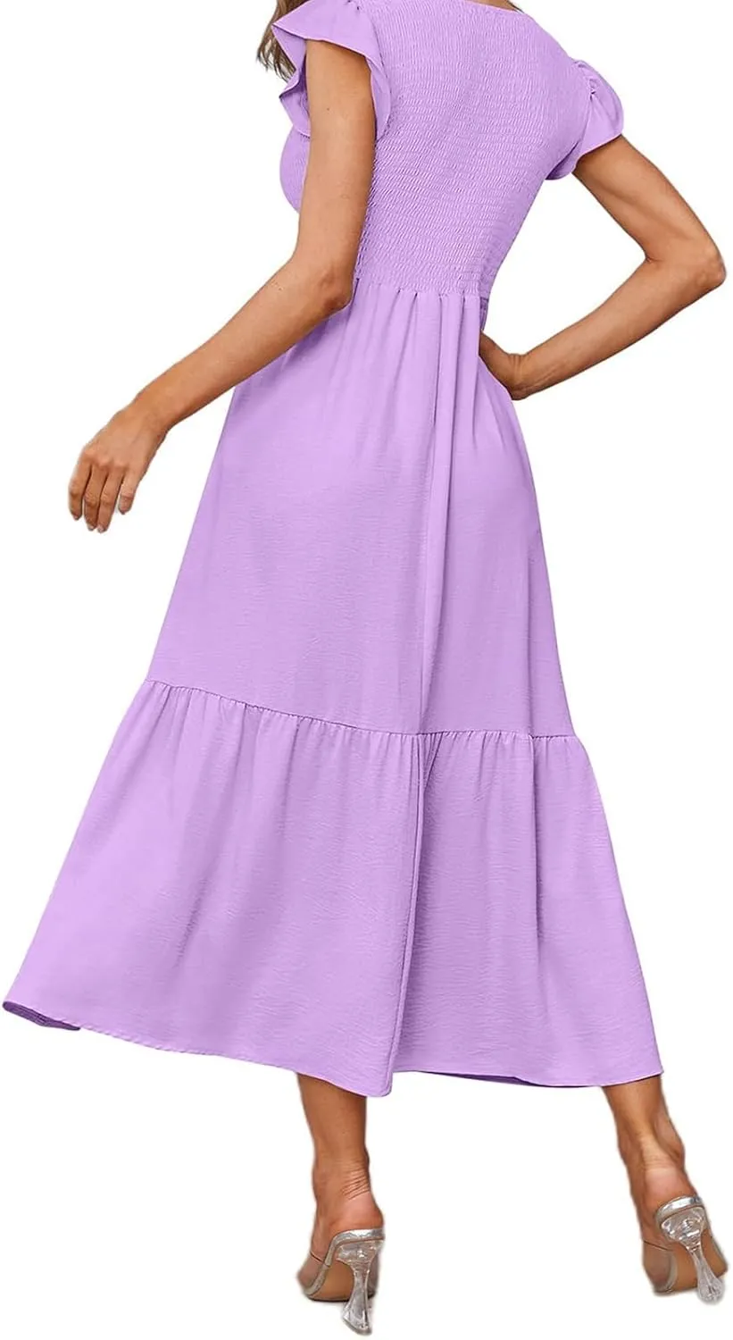 Women's Casual Maxi Dresses Ruffle Sleeve Crew Neck Long Dress Elegant Empire Waist Wedding Dresses Tiered A-Line Dress
