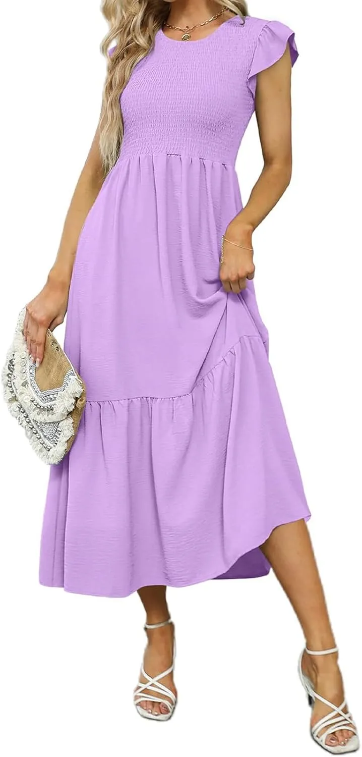 Women's Casual Maxi Dresses Ruffle Sleeve Crew Neck Long Dress Elegant Empire Waist Wedding Dresses Tiered A-Line Dress
