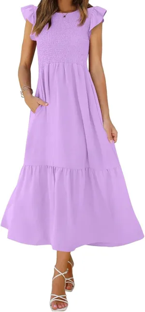 Women's Casual Maxi Dresses Ruffle Sleeve Crew Neck Long Dress Elegant Empire Waist Wedding Dresses Tiered A-Line Dress