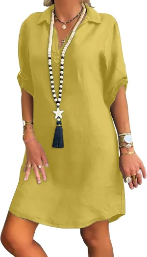 Women's Casual Shirt Dress Ruffle Sleeve Solid Color Button Down Shift Turn Cotton Linen Short 2025 Summer Dress