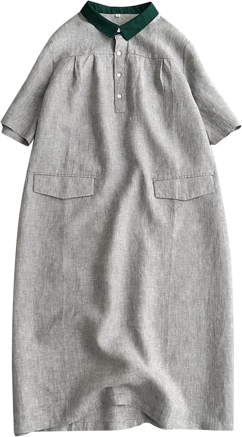 Women's Contrast Collar Linen Shirt 2025 Casual Short Sleeve Button Down Beach Cover up Summer Vacation T-Shirt Dresses