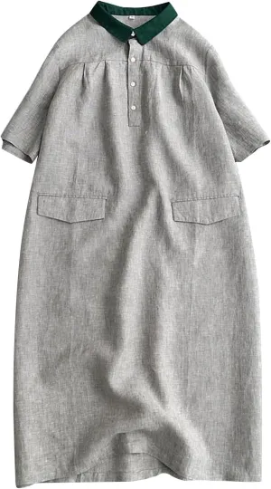 Women's Contrast Collar Linen Shirt 2025 Casual Short Sleeve Button Down Beach Cover up Summer Vacation T-Shirt Dresses
