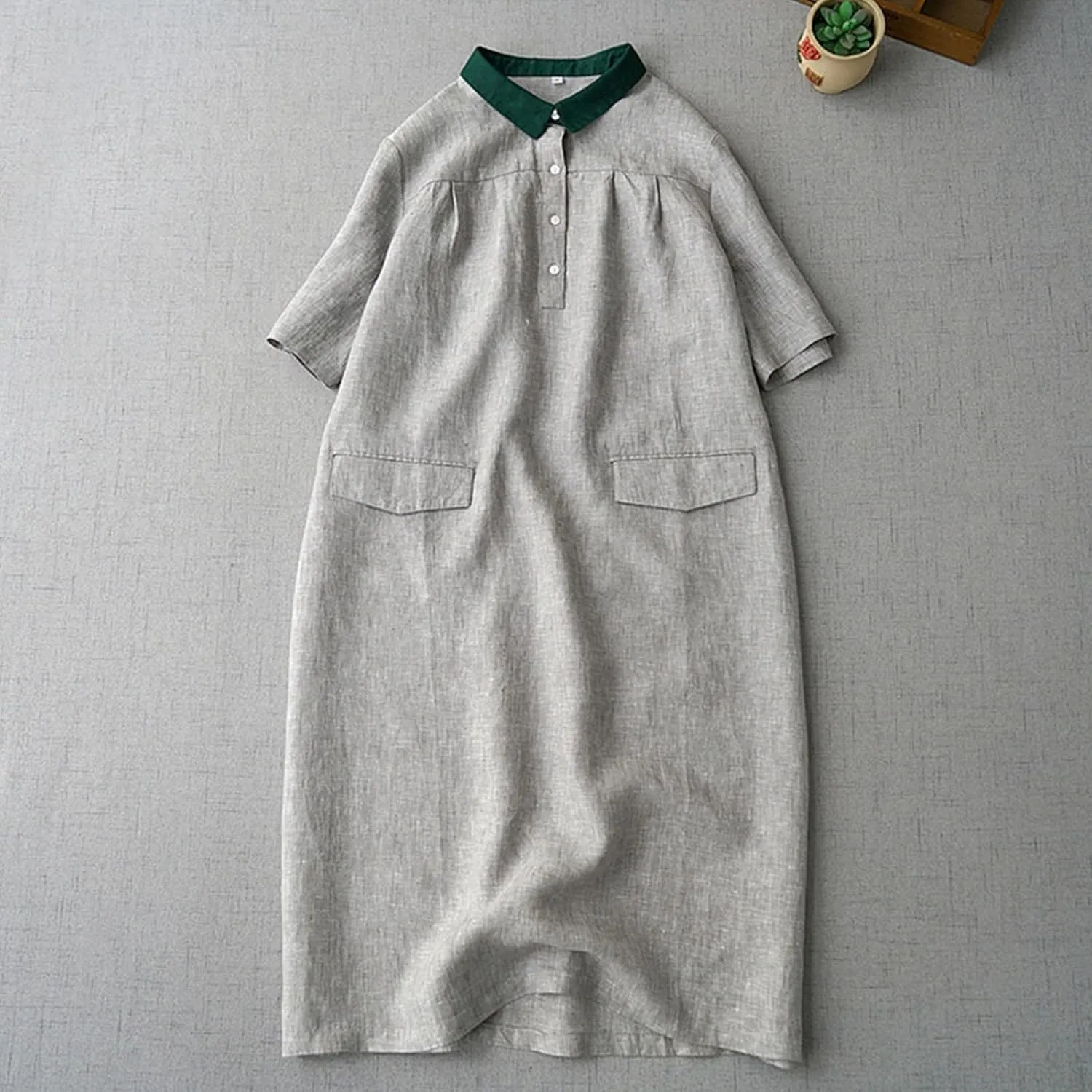 Women's Contrast Collar Linen Shirt 2025 Casual Short Sleeve Button Down Beach Cover up Summer Vacation T-Shirt Dresses