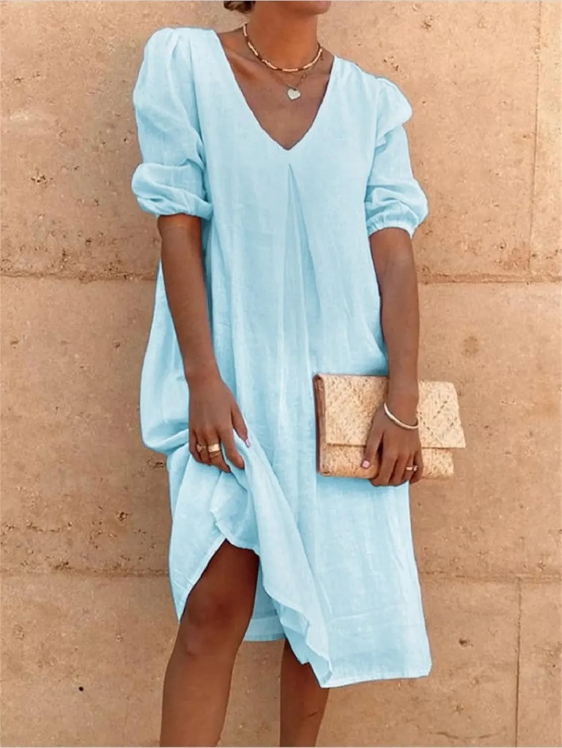 Womens Cotton Linen Dress Summer Midi Dresses V Neck Bubble Sleeve Casual Loose Dress Beach Dresses
