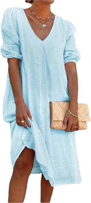Womens Cotton Linen Dress Summer Midi Dresses V Neck Bubble Sleeve Casual Loose Dress Beach Dresses