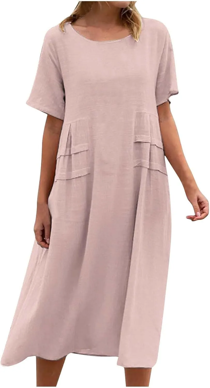 Womens Cotton Linen Dresses Summer Short Sleeve Comfy Travel Sundresses Beach Trendy Vacation Clothes 2025