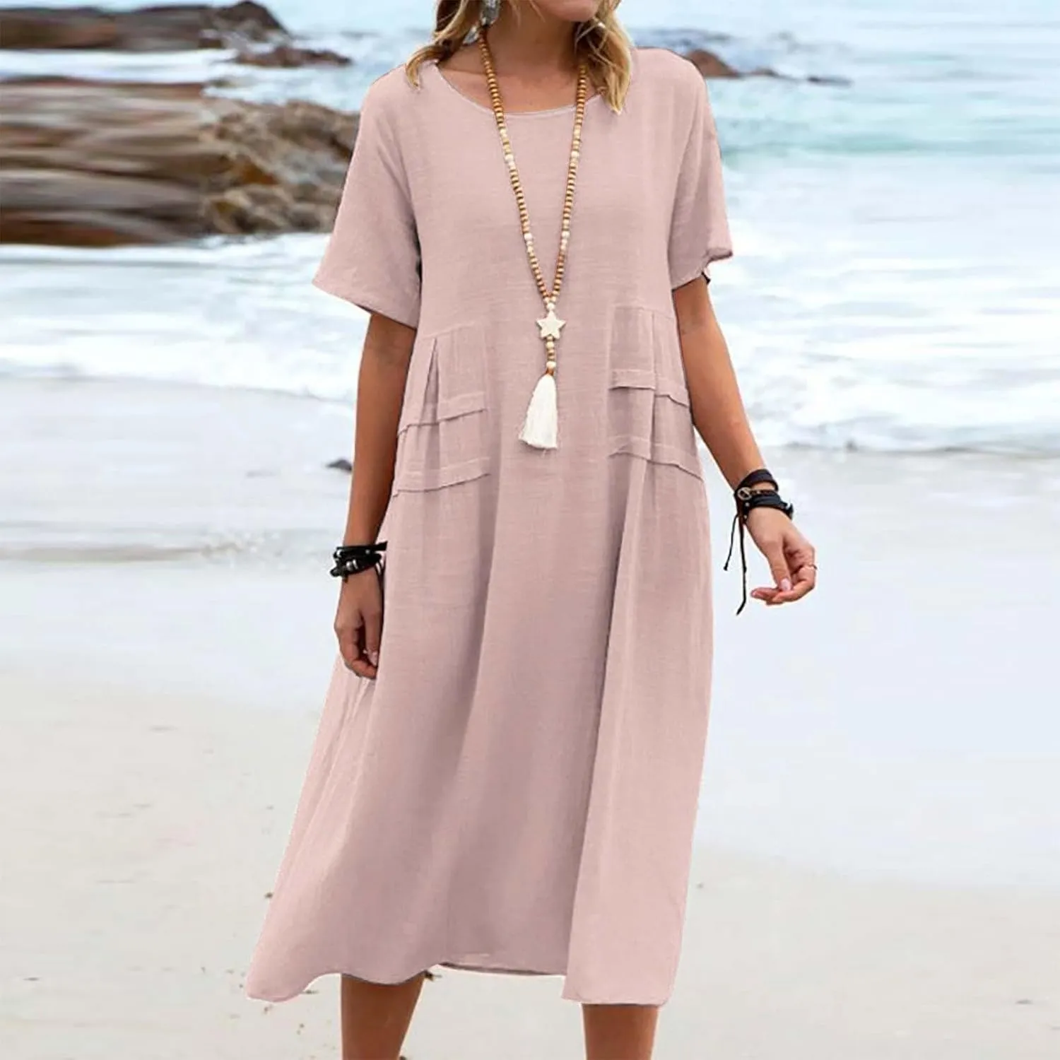 Womens Cotton Linen Dresses Summer Short Sleeve Comfy Travel Sundresses Beach Trendy Vacation Clothes 2025