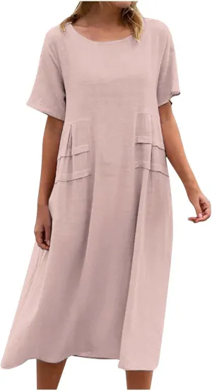 Womens Cotton Linen Dresses Summer Short Sleeve Comfy Travel Sundresses Beach Trendy Vacation Clothes 2025