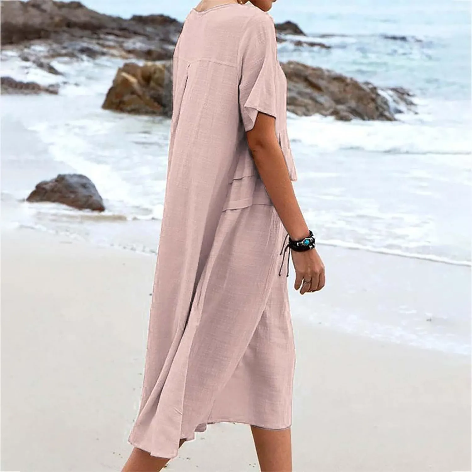 Womens Cotton Linen Dresses Summer Short Sleeve Comfy Travel Sundresses Beach Trendy Vacation Clothes 2025