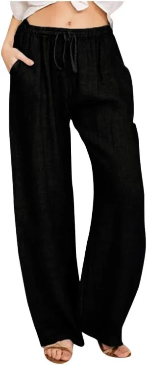 Womens Cotton Linen Pants Baggy Casual Straight Leg Pants 2025 Summer Fashion Beach Pants Basic Solid Flowy Pants