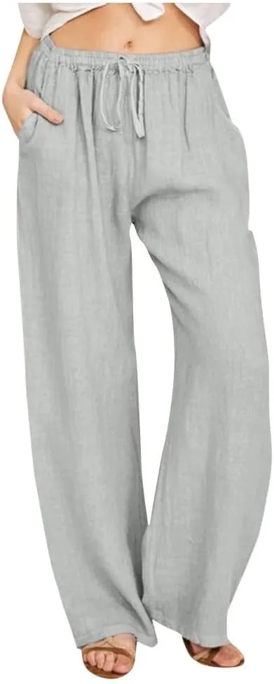 Womens Cotton Linen Pants Baggy Casual Straight Leg Pants 2025 Summer Fashion Beach Pants Basic Solid Flowy Pants