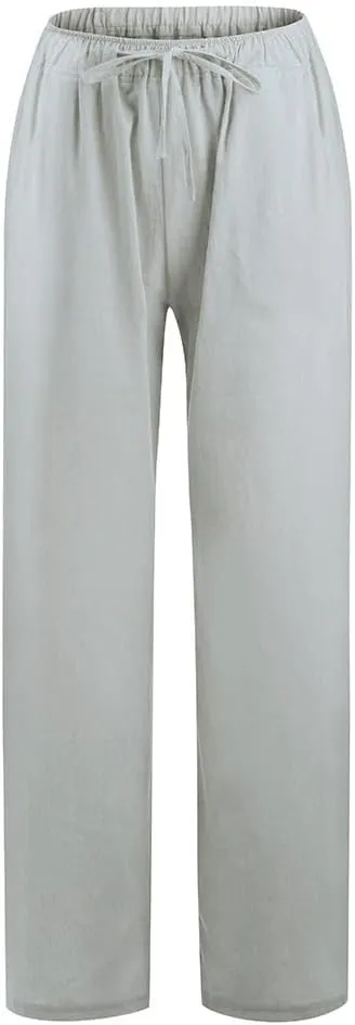 Womens Cotton Linen Pants Baggy Casual Straight Leg Pants 2025 Summer Fashion Beach Pants Basic Solid Flowy Pants