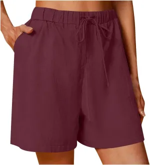 Womens Cotton Linen Shorts Casual Solid Drawstring Shorts Comfy Elastic High Waisted Shorts Summer Beach Shorts