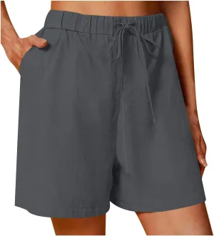 Womens Cotton Linen Shorts Casual Solid Drawstring Shorts Comfy Elastic High Waisted Shorts Summer Beach Shorts