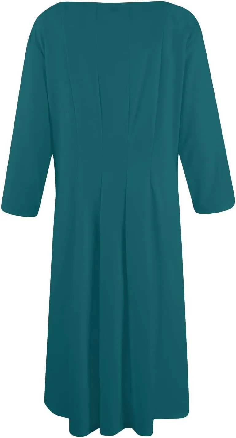 Womens Dress Summer 3/4 Sleeve A Line Dress Solid Plain Pleated Midi Dresses Spring Flowy Beach Dresses with Pocket