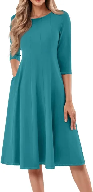 Womens Dress Summer 3/4 Sleeve A Line Dress Solid Plain Pleated Midi Dresses Spring Flowy Beach Dresses with Pocket