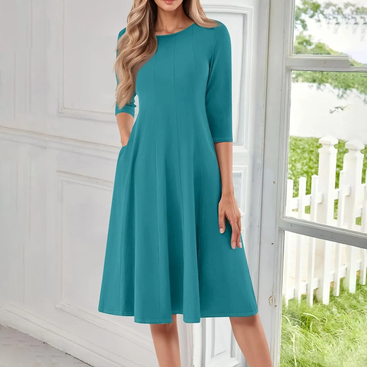 Womens Dress Summer 3/4 Sleeve A Line Dress Solid Plain Pleated Midi Dresses Spring Flowy Beach Dresses with Pocket