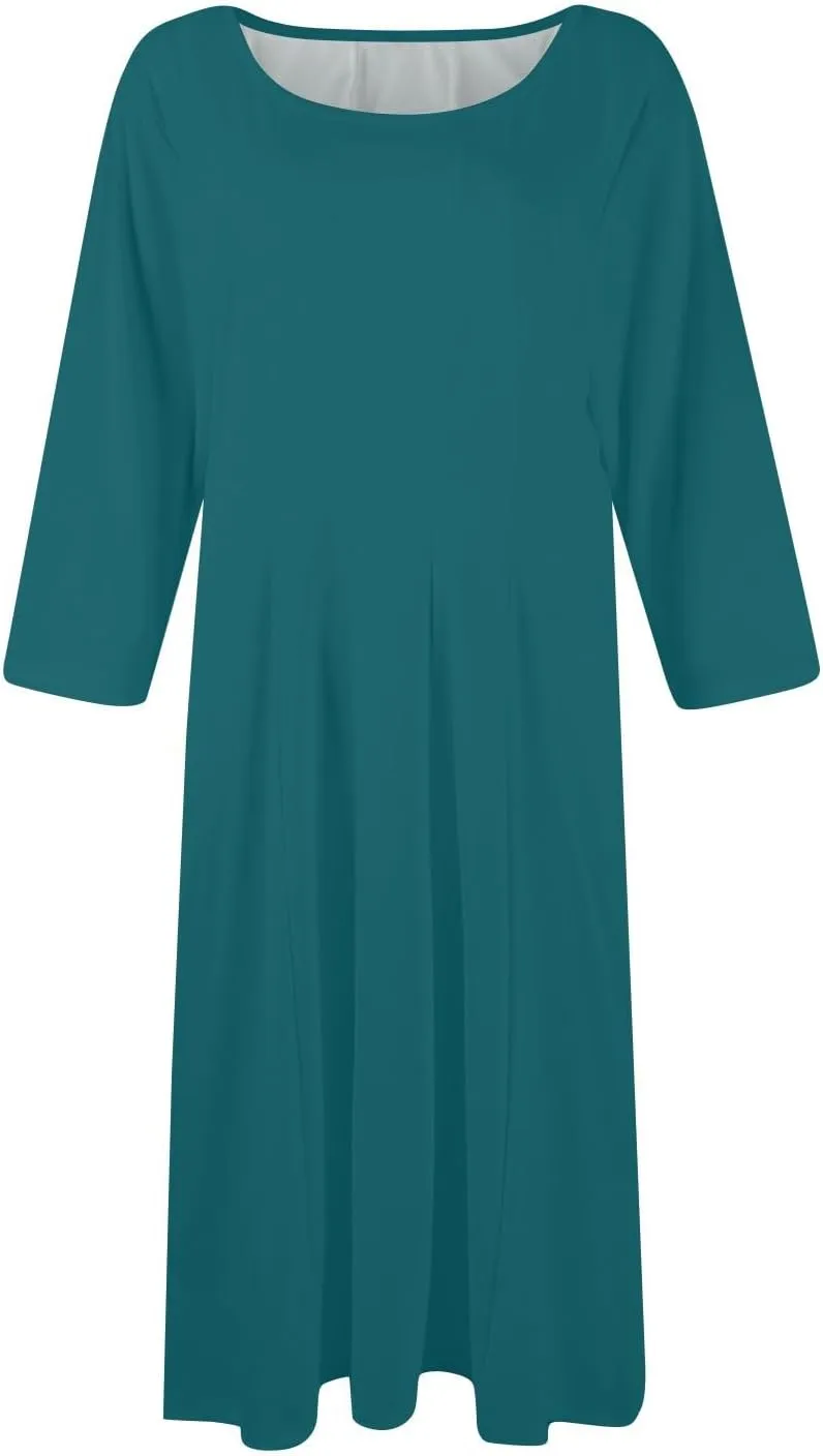 Womens Dress Summer 3/4 Sleeve A Line Dress Solid Plain Pleated Midi Dresses Spring Flowy Beach Dresses with Pocket