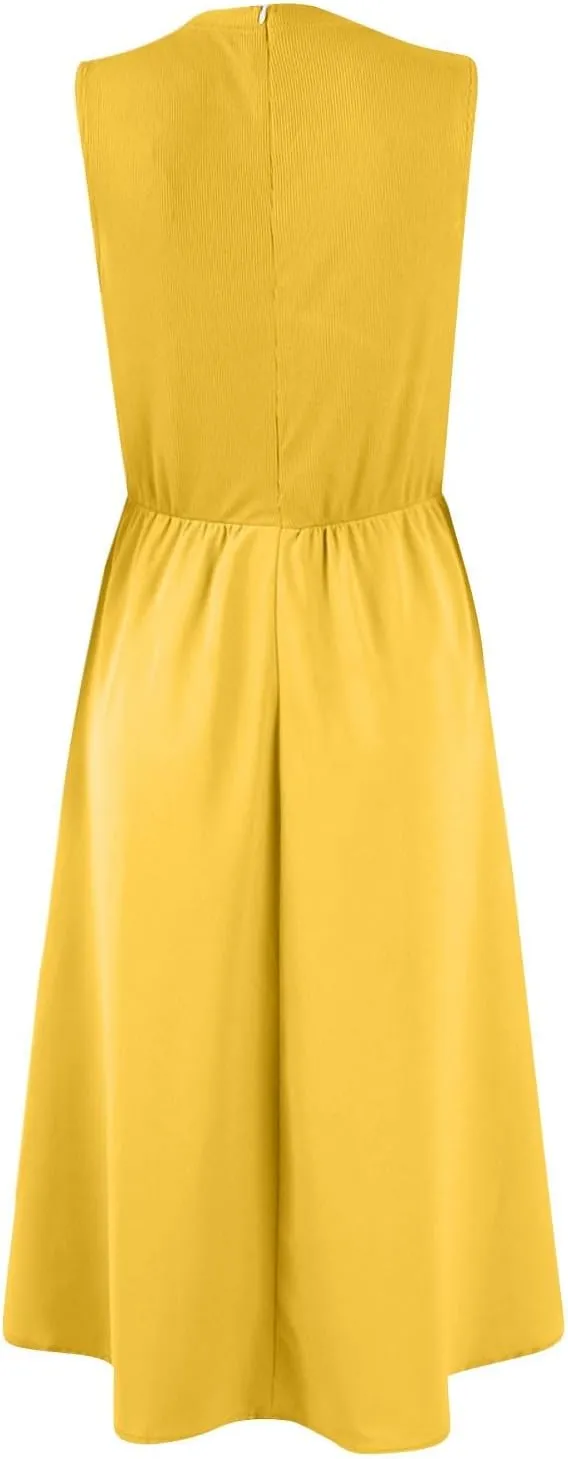 Women's Dresses Summer Tank Dress Sun Dresses Women Casual Smocked Sleeveless Wrap Dress Plus Ruffle with Pocket