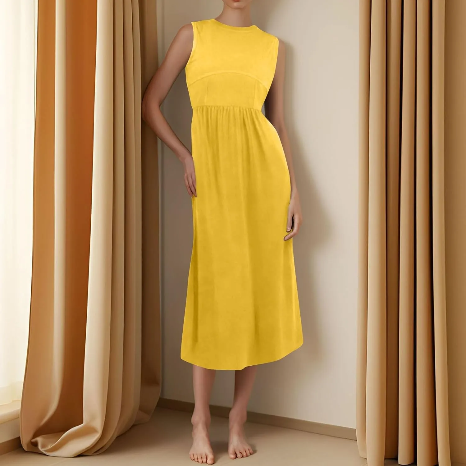 Women's Dresses Summer Tank Dress Sun Dresses Women Casual Smocked Sleeveless Wrap Dress Plus Ruffle with Pocket