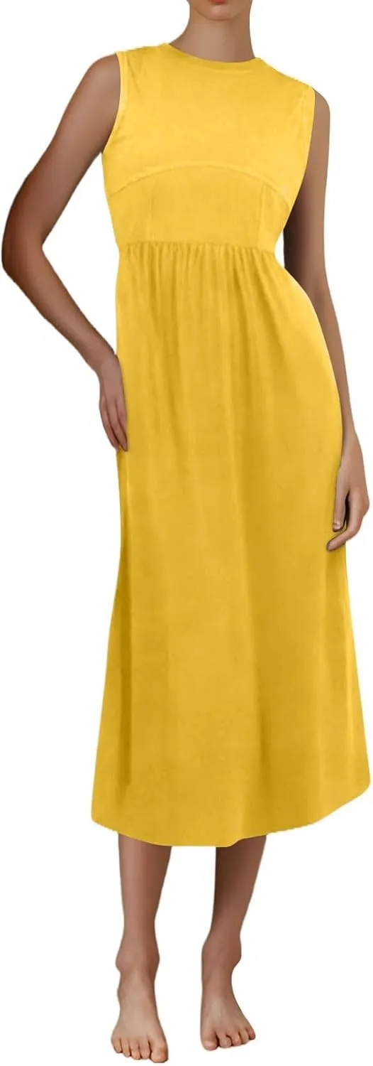 Women's Dresses Summer Tank Dress Sun Dresses Women Casual Smocked Sleeveless Wrap Dress Plus Ruffle with Pocket
