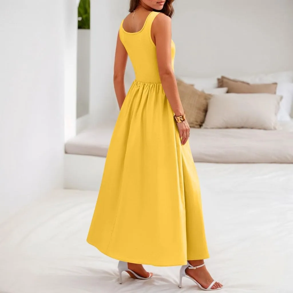 Women's Dresses Summer Tank Dress Sun Dresses Women Casual Smocked Sleeveless Wrap Dress Plus Ruffle with Pocket