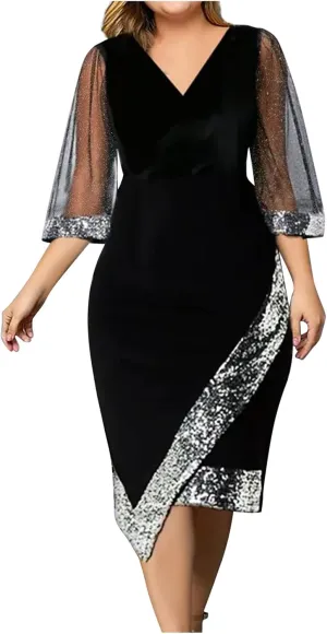 Women's Fashion V Neck Dress Sequin Mesh Half Sleeve Dress Wedding Guest Dress Stylish Elegant Evening Dresses