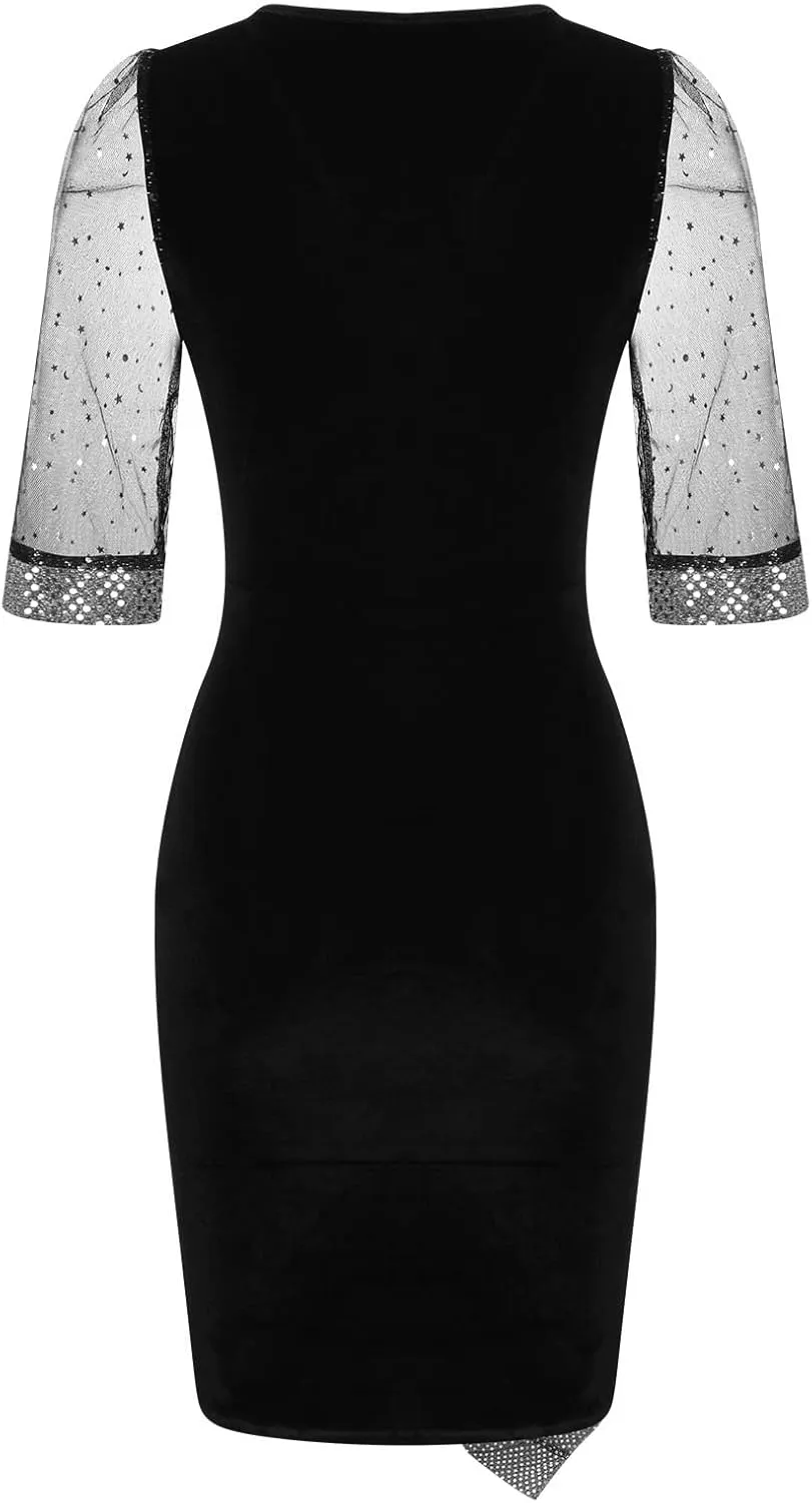 Women's Fashion V Neck Dress Sequin Mesh Half Sleeve Dress Wedding Guest Dress Stylish Elegant Evening Dresses