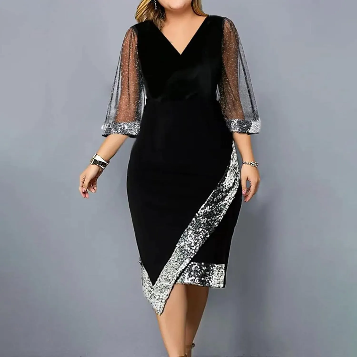 Women's Fashion V Neck Dress Sequin Mesh Half Sleeve Dress Wedding Guest Dress Stylish Elegant Evening Dresses