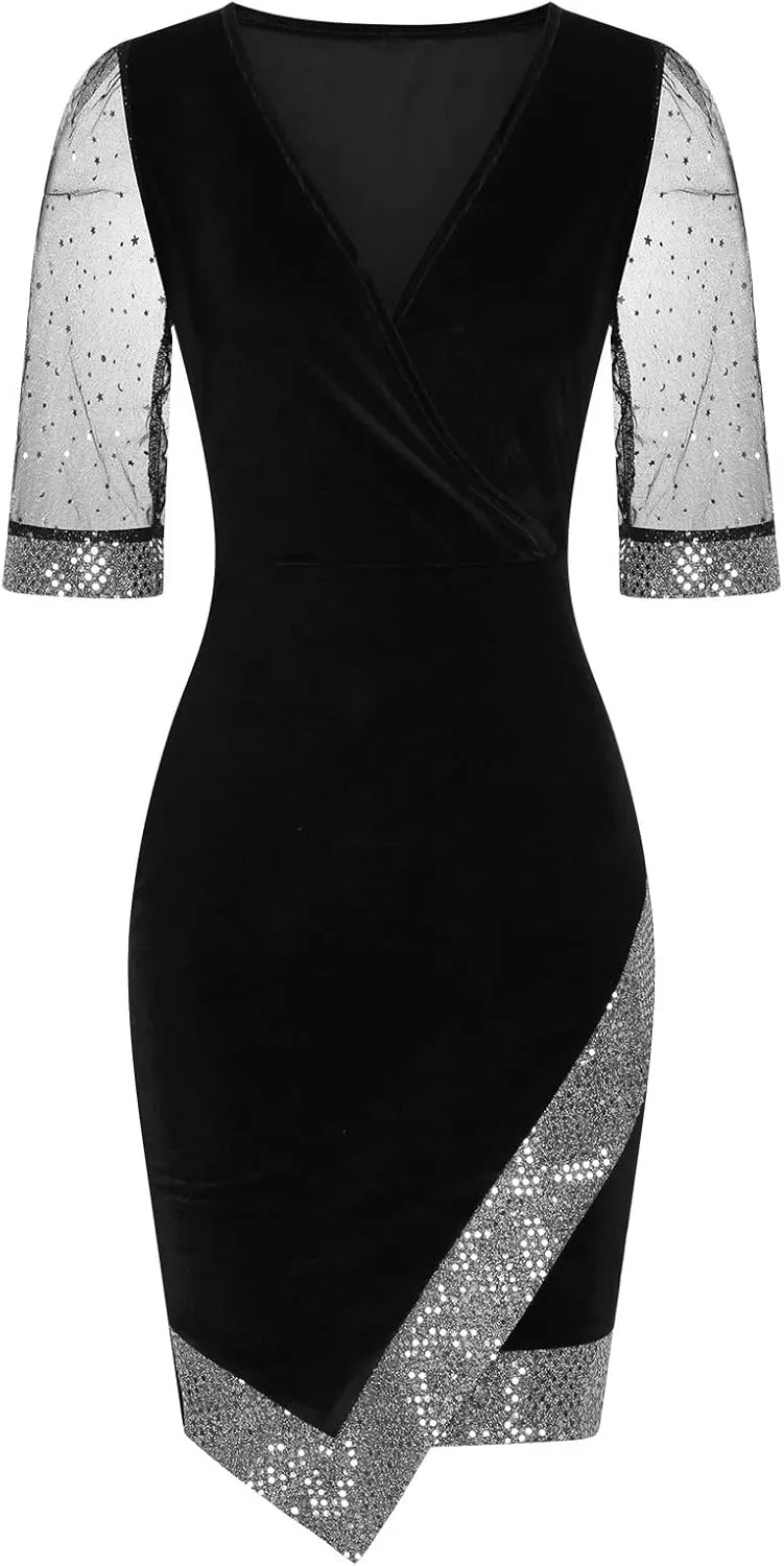 Women's Fashion V Neck Dress Sequin Mesh Half Sleeve Dress Wedding Guest Dress Stylish Elegant Evening Dresses