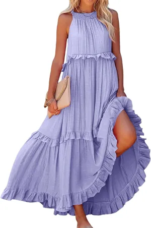 Womens Halter Neck Maxi Dress Tie Back Loose Flowy Ruffle Tiered Long Dress Summer Swing Beach Dresses with Pockets