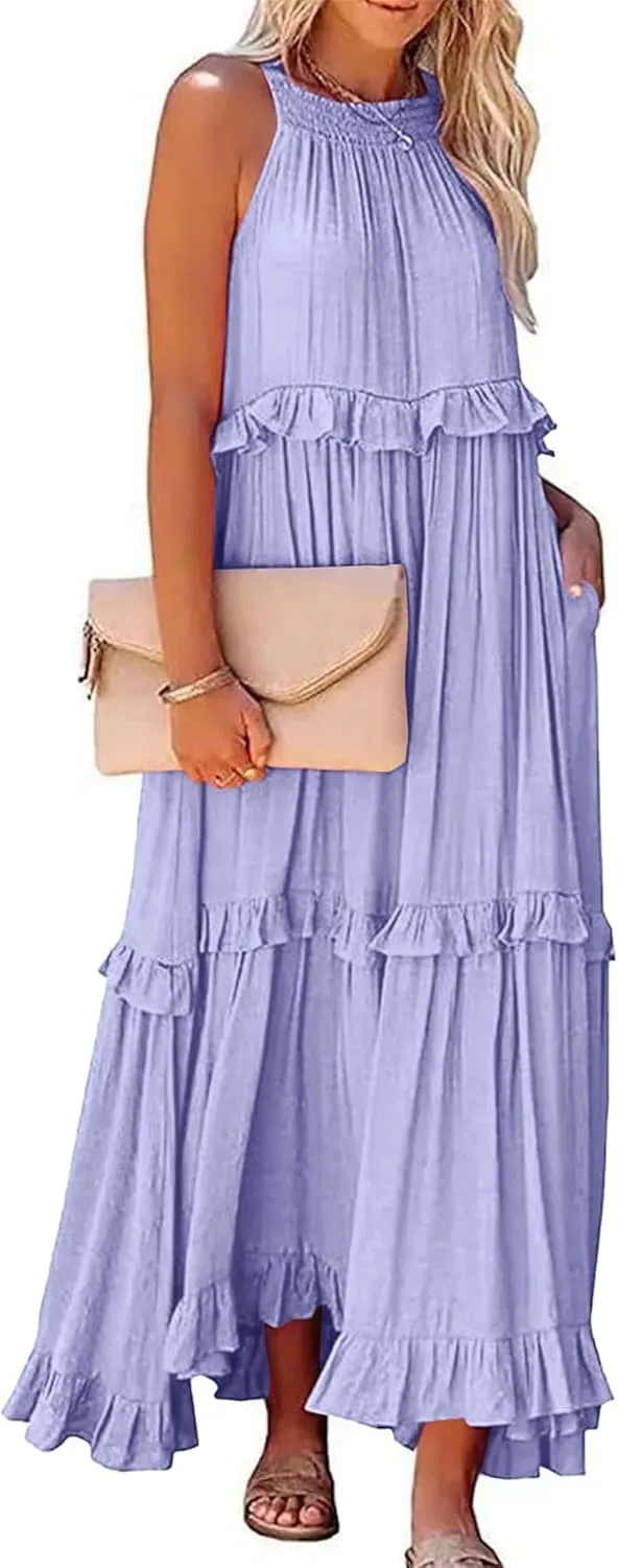 Womens Halter Neck Maxi Dress Tie Back Loose Flowy Ruffle Tiered Long Dress Summer Swing Beach Dresses with Pockets