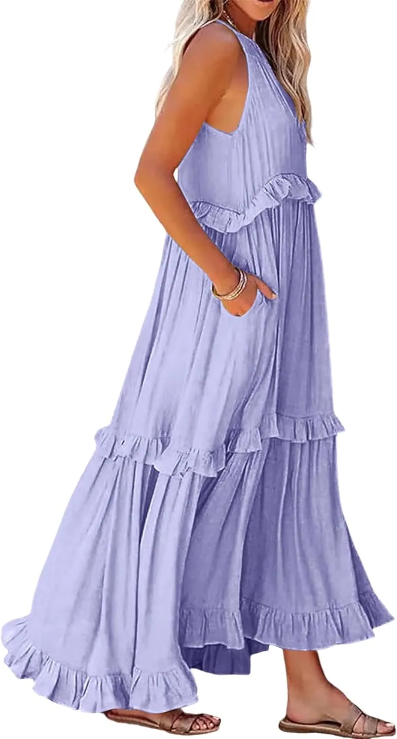 Womens Halter Neck Maxi Dress Tie Back Loose Flowy Ruffle Tiered Long Dress Summer Swing Beach Dresses with Pockets