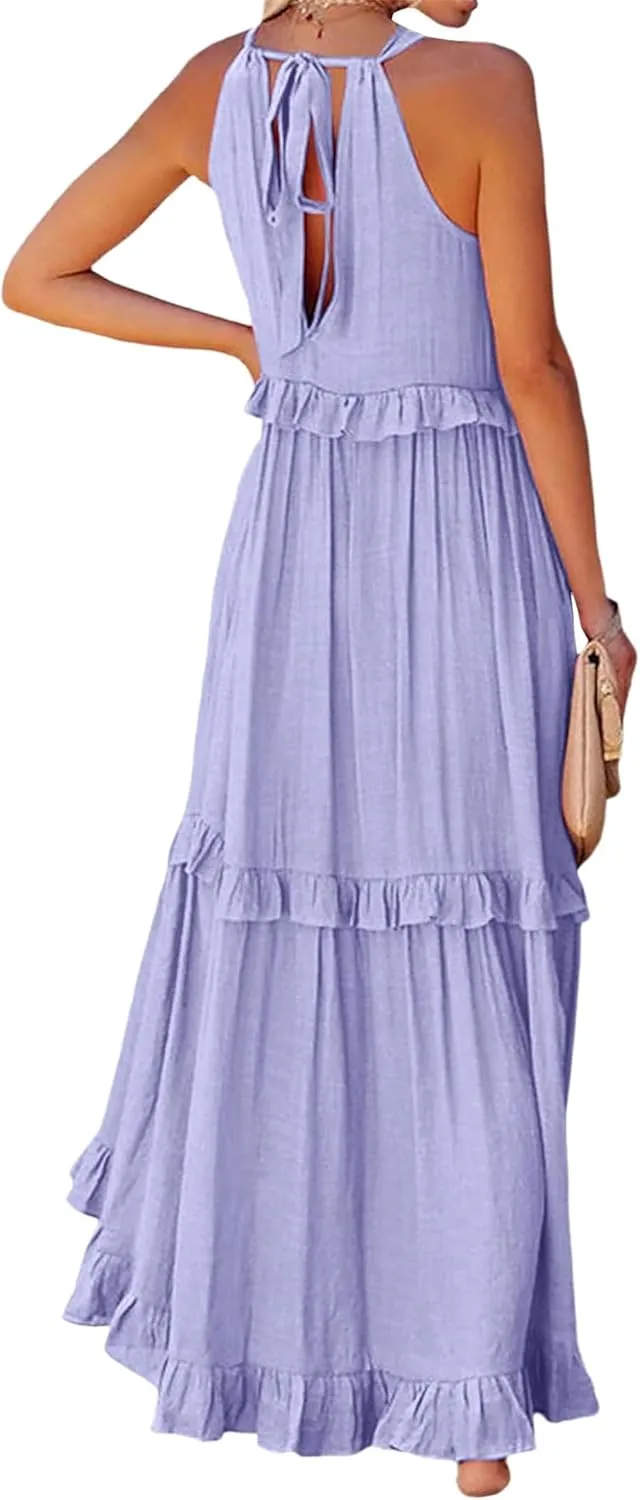 Womens Halter Neck Maxi Dress Tie Back Loose Flowy Ruffle Tiered Long Dress Summer Swing Beach Dresses with Pockets