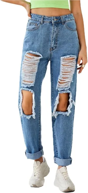Womens High Waist Jeans Straight Leg Denim Trousers Ripped Distressed Blue Denim Pants Fashion Jeans for Women High