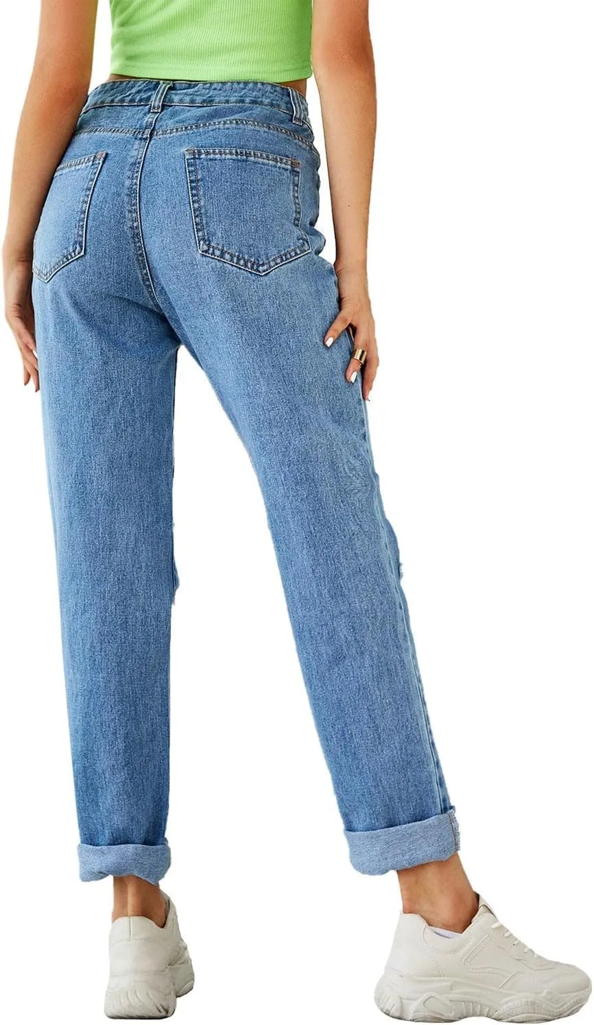 Womens High Waist Jeans Straight Leg Denim Trousers Ripped Distressed Blue Denim Pants Fashion Jeans for Women High