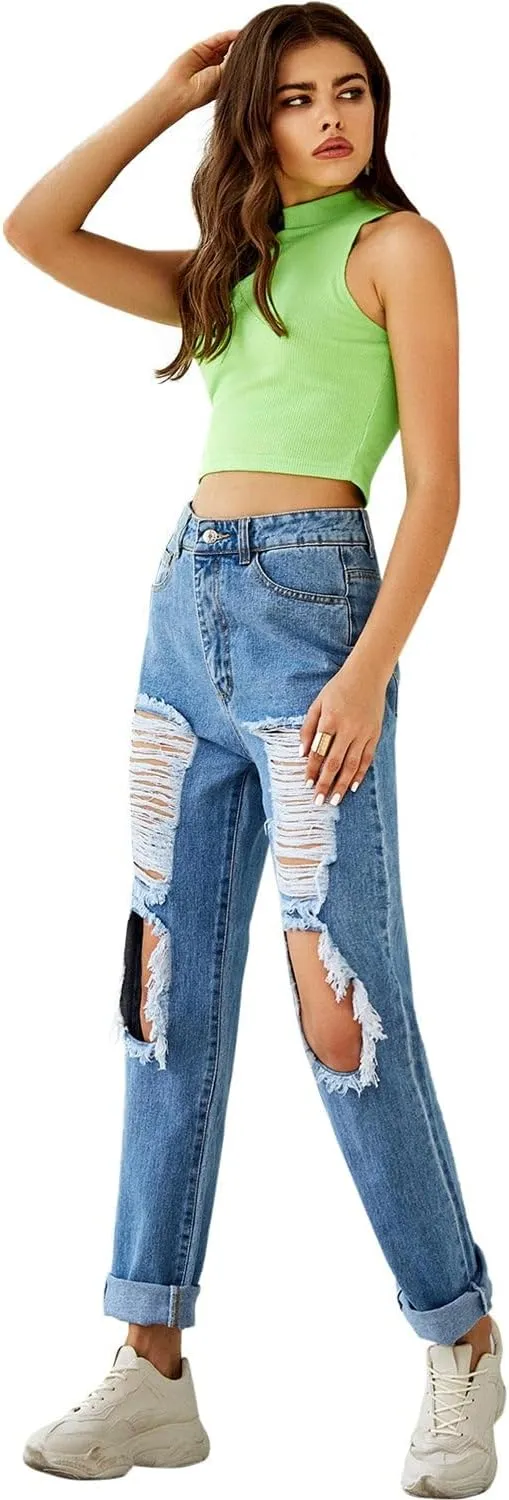 Womens High Waist Jeans Straight Leg Denim Trousers Ripped Distressed Blue Denim Pants Fashion Jeans for Women High