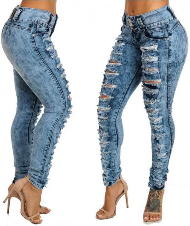 Womens High Waisted Jeans Royal Blue Denim Pants Ripped Slim Fit Pencil Trousers for Women High Rise Jeans Denim