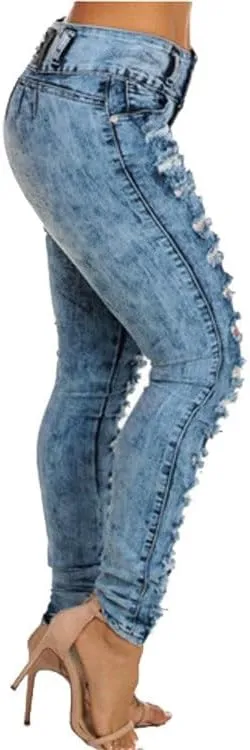 Womens High Waisted Jeans Royal Blue Denim Pants Ripped Slim Fit Pencil Trousers for Women High Rise Jeans Denim