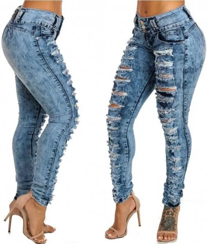 Womens High Waisted Jeans Royal Blue Denim Pants Ripped Slim Fit Pencil Trousers for Women High Rise Jeans Denim
