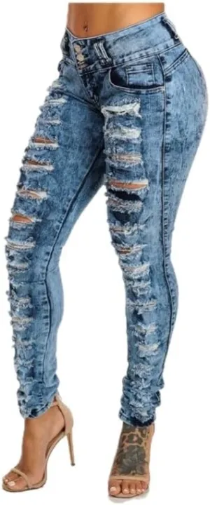 Womens High Waisted Jeans Royal Blue Denim Pants Ripped Slim Fit Pencil Trousers for Women High Rise Jeans Denim
