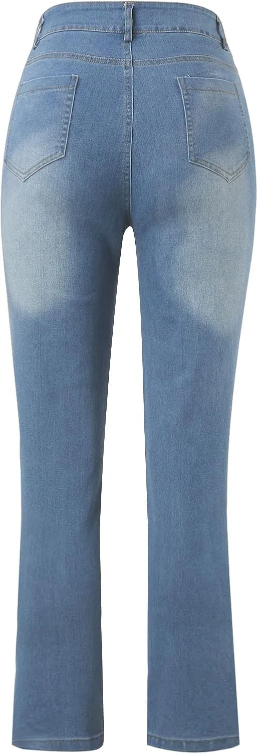 Womens High Waisted Straight Leg Ankle Jeans Casual Stretch Denim Pants Jeans Stretchy Distressed Denim Pants