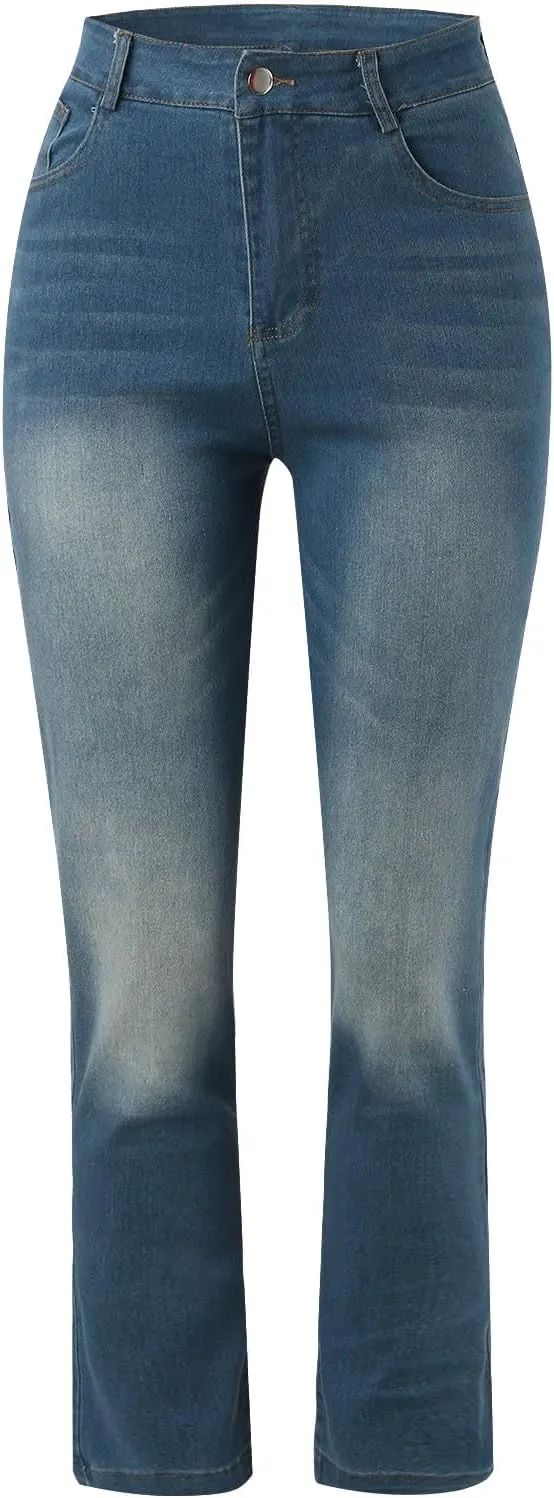 Womens High Waisted Straight Leg Ankle Jeans Casual Stretch Denim Pants Jeans Stretchy Distressed Denim Pants